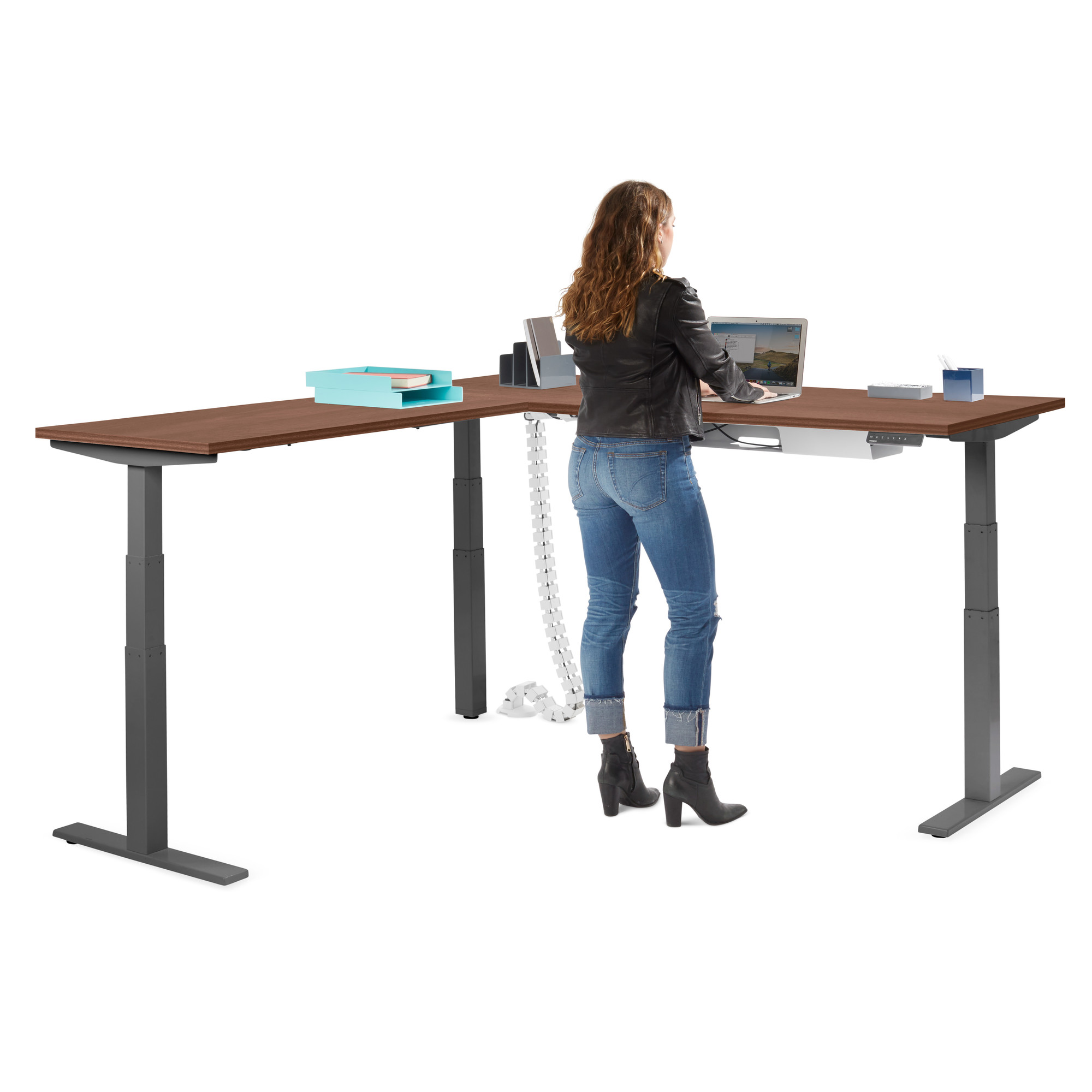 Series L Adjustable Height Corner Desk Walnut With Charcoal Base