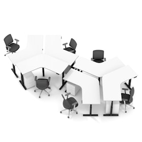 Series L Adjustable Height 120 Degree Desk for 6 + Boom Power Rail, White, Charcoal Legs
