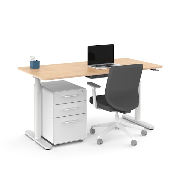 Raise Adjustable Height Single Desk, Natural Oak, 60", White Legs,Natural Oak,hi-res