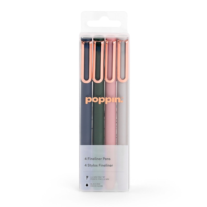 Poppin Fineliner Porous Point Pen, Stick, Fine 0.5 mm, Black Ink, Assorted Barrel Colors, 4/Pack