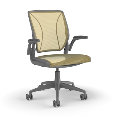 Pinstripe Mesh Yellow World Task Chair, Adjustable Arms, Gray Frame