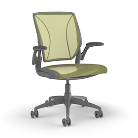 Pinstripe Mesh Green World Task Chair, Adjustable Arms, Gray Frame