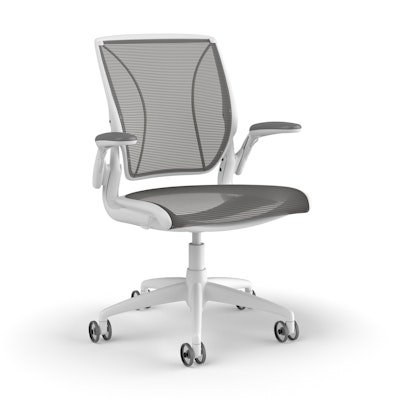 Pinstripe Mesh Gray World Task Chair, Adjustable Arms, White Frame