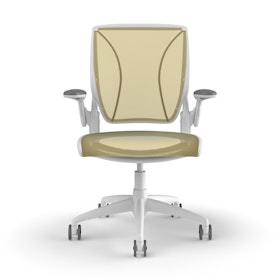 Pinstripe Mesh Yellow World Task Chair, Adjustable Arms, White Frame