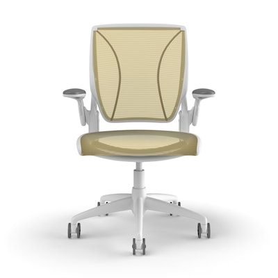 Pinstripe Mesh Yellow World Task Chair, Adjustable Arms, White Frame,Yellow,hi-res