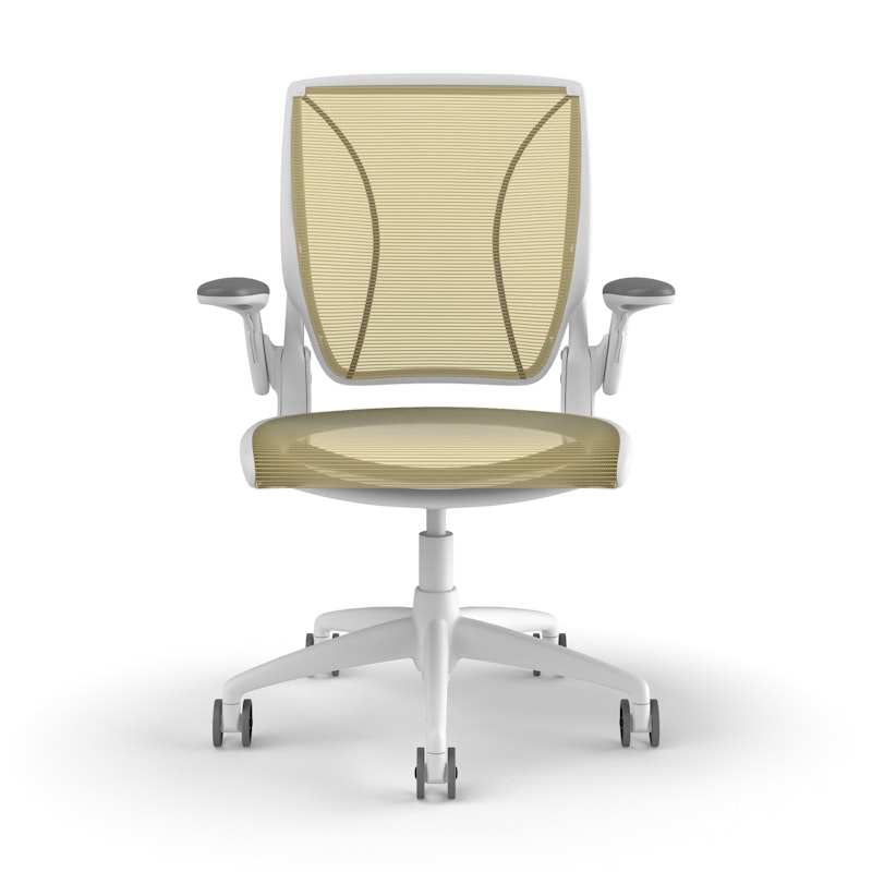 Pinstripe Mesh Yellow World Task Chair, Adjustable Arms, White Frame,Yellow,hi-res image number 1.0