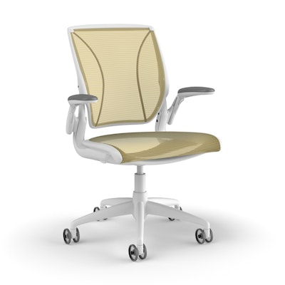 Pinstripe Mesh Yellow World Task Chair, Adjustable Arms, White Frame