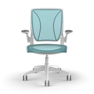 Pinstripe Mesh Blue World Task Chair, Adjustable Arms, White Frame,Pool Blue,hi-res