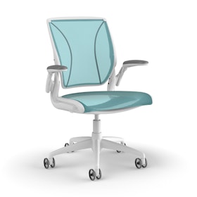 Pinstripe Mesh Blue World Task Chair, Adjustable Arms, White Frame