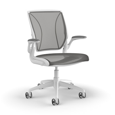 Pinstripe Mesh Gray World Task Chair, Fixed Arms, White Frame