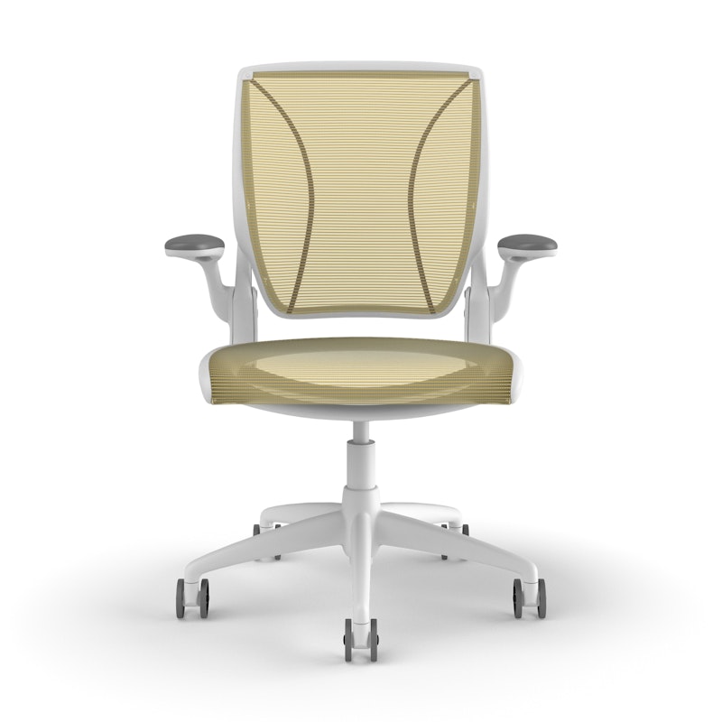 Pinstripe Mesh Yellow World Task Chair, Fixed Arms, White Frame,Yellow,hi-res image number 1.0
