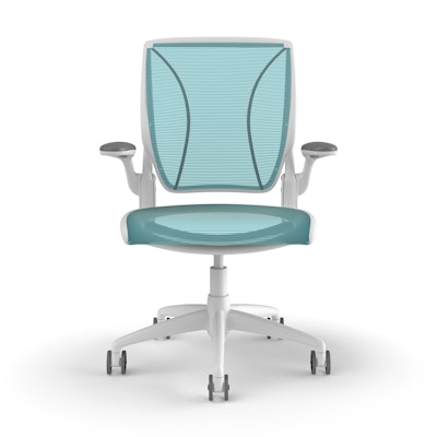 Pinstripe Mesh Blue World Task Chair, Fixed Arms, White Frame,Pool Blue,hi-res