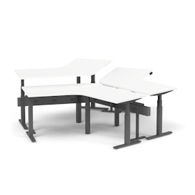 Series L Adjustable Height 120 Degree Desk for 3 + Boom Power Rail, White, Charcoal Legs