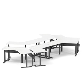 Series L Adjustable Height 120 Degree Desk for 6 + Boom Power Rail, White, Charcoal Legs
