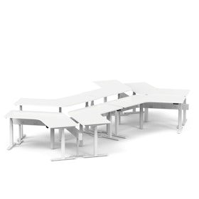 Series L Adjustable Height 120 Degree Desk for 6 + Boom Power Rail, White, White Legs