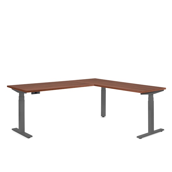 Series L Adjustable Height Corner Desk, Walnut with Charcoal Base, Right Handed,Walnut,hi-res