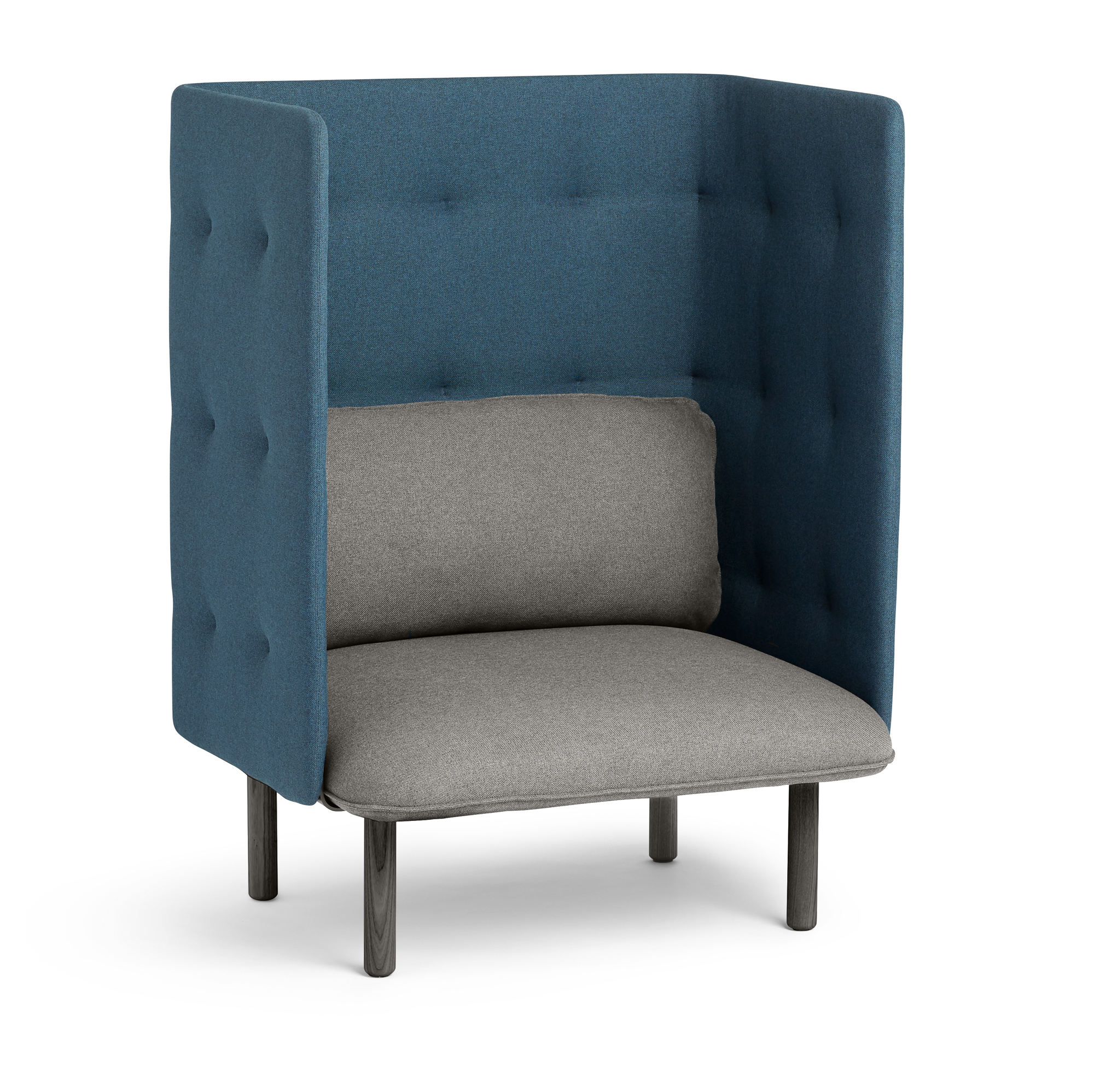 gray  dark blue qt lounge chair  modern lounge  privacy seating  poppin