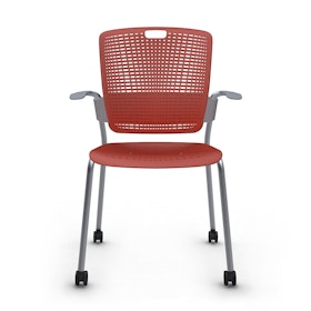 Shell Red Cinto Chair with Arms, Rolling, Silver Frame