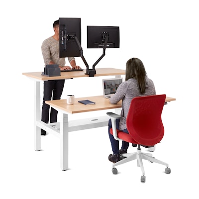 Series L Adjustable Height Double Desk for 2, Natural Oak, 57", White Legs,Natural Oak,hi-res