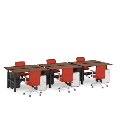 Series L Adjustable Height Double Desk for 6, Walnut, 57", Charcoal Legs,Walnut Series L Adjustable Height Double Desk for 6, Walnut, 57", Charcoal Legs
