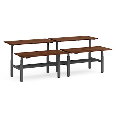 Series L Adjustable Height Double Desk for 4, Walnut, 60", Charcoal Legs