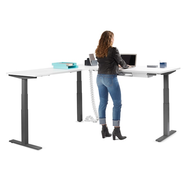 Series L Adjustable Height Corner Desk, White with Charcoal Base, Left Handed,White,hi-res